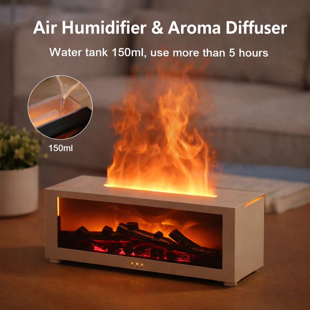 Flame Aroma Diffuser Fireplace – 3D Flame Essential Oil Humidifier with LED Night Light