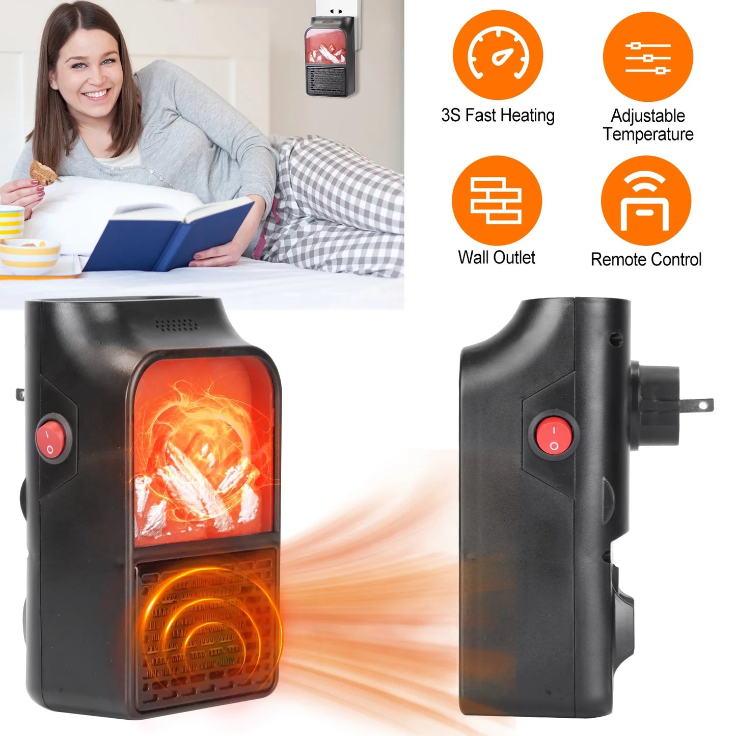 Plug-In Wall Outlet Space Heater with Remote & 360° Rotating Plug